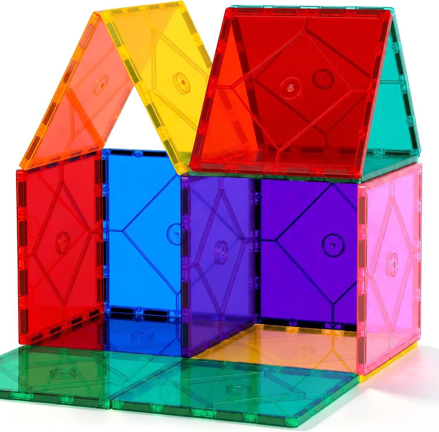 14PC Collection Magnetic Tiles set built into a colourful structure