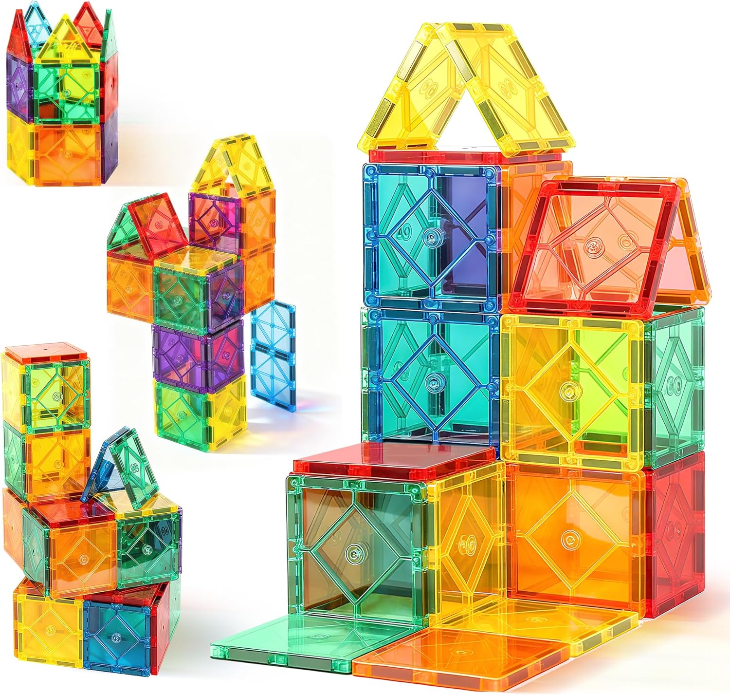 30PC Collection Magnetic Tiles set built into a colourful structure