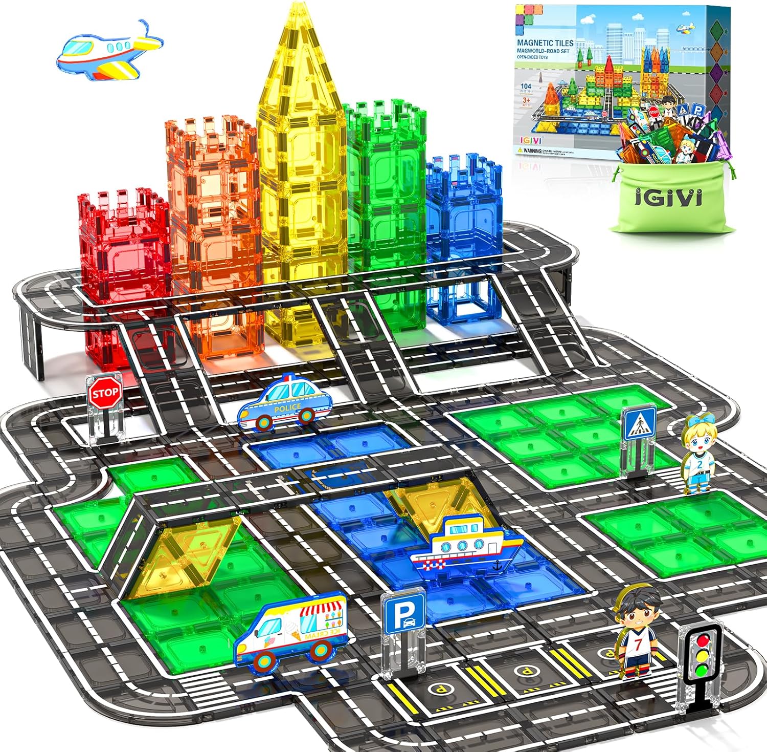 Road Set Magnetic Tiles set built into a colourful structure