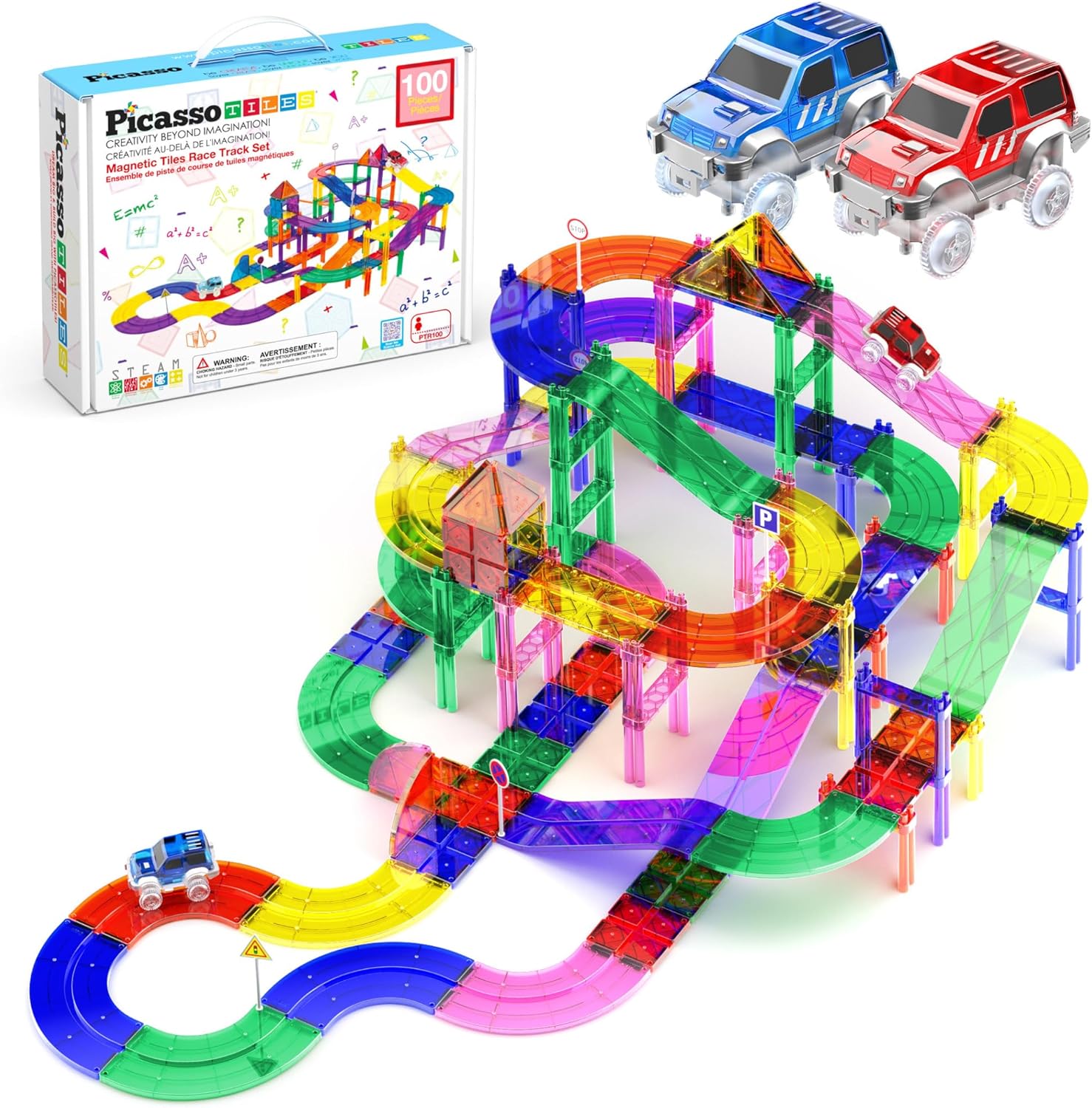 SKY TRACK Magnetic Tiles set built into a colourful structure