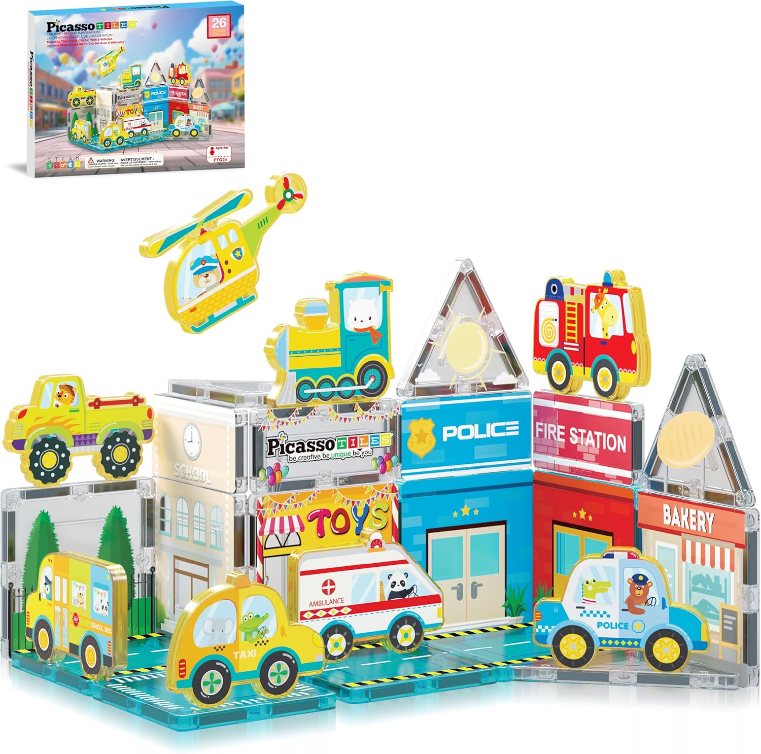 Town Series Magnetic Tiles set built into a colourful structure